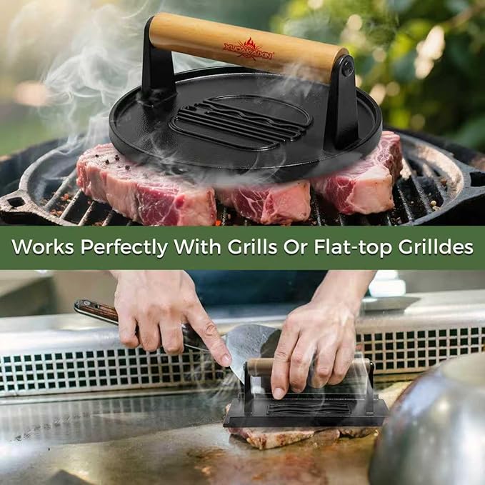 Cast Iron Smash Burger Press (2PCS),Grill Bacon Meat Press Tool,Perfect for Blackstone, Camp Chef, Weber Grills & Indoor Griddles – BBQ & Cookout Must-Have (Round & Rectangle -Grooved)