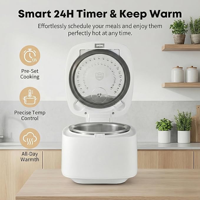OCTAVO Low Carb Rice Cooker, 5-Cup Uncooked Stainless Steel Inner Pot, Low Sugar Rice Maker with 24H Timer and Auto Keep Warm, Small Rice Maker LED Display, White Rice/Brown Rice/Grains/Oatmeal, Bead-blasted