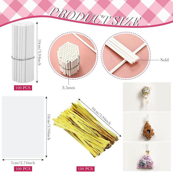 Yinkin Cake Pop Mold Sticks and Wrappers Cake Pop Kit Set Include 100 Parcel Bags 100 Papery Treat Sticks Metallic Twist Ties Scooper Ball Maker Lollipop Tools for Candy Chocolates and Cookies(Black)