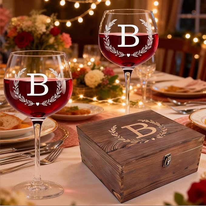 GZLDGIFTS Personalized Initial Wine Glasses Box Gift Set For Women Mom Engraved Birthday Monogrammed Wooden Christmas Wedding Anniversary Wine Couples Stopper Opener Initial Letterr (B Set)