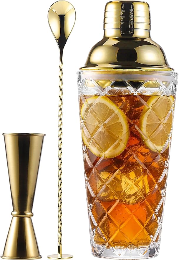 Glass Cocktail Shaker Set with Built-in Strainer – 16oz Thickened Pineapple Glass Gold Shaker Set, Gold Jigger & Bar Spoon with Muddler for Home Bar/Trolley Décor/Margaritas/Martinis