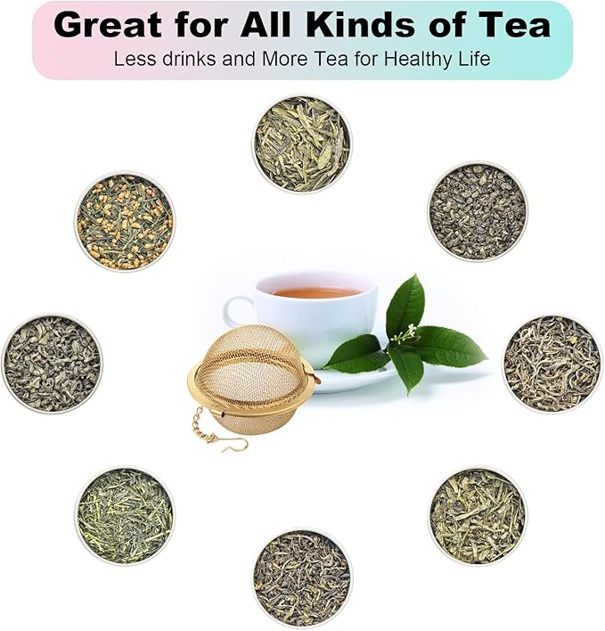 Luckyiren Tea Ball Infuser with Chain;; Premium Stainless Steel Fine Mesh Screen Tea Strainer Filters Colander Cullender Sieve Infusion Steeper Maker for Loose Leaf Tea Herbs, 2 Pieces, Golden