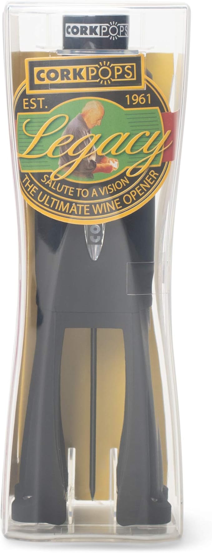 Cork Pops Legacy Wine Opener Built-in 4-Blade Foil Cutter Safe Cork Removal, Effortless Push Button Use, Needle Guard for Safety, Low-Pressure Cartridge Opens Up To 60 Bottles
