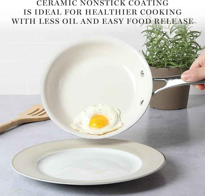 Martha Stewart Lockton Premium Nonstick PFA Free Ceramic Interior 10 Piece Enamel Heavy Gauge Aluminum Pots and Pans Cookware Set - Butter Cream