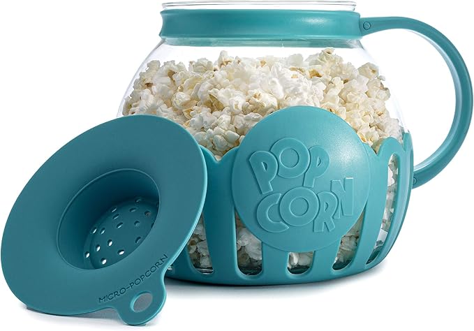 Ecolution Patented Micro-Pop Microwave Popcorn Popper with Temperature Safe Glass, 3-in-1 Lid Measures Kernels and Melts Butter, Made Without BPA, Dishwasher Safe, 3-Quart, Teal