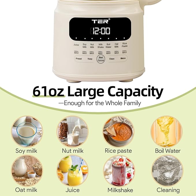 TER Nut Milk Maker Machine, 10-in-1 Soy Milk Maker for Almond/Oat/Soy Milk, Juice, Milkshake, Rice Paste, Auto Clean/24H Preset Time/12H Keep Warm, with 7 Accessories, Beige