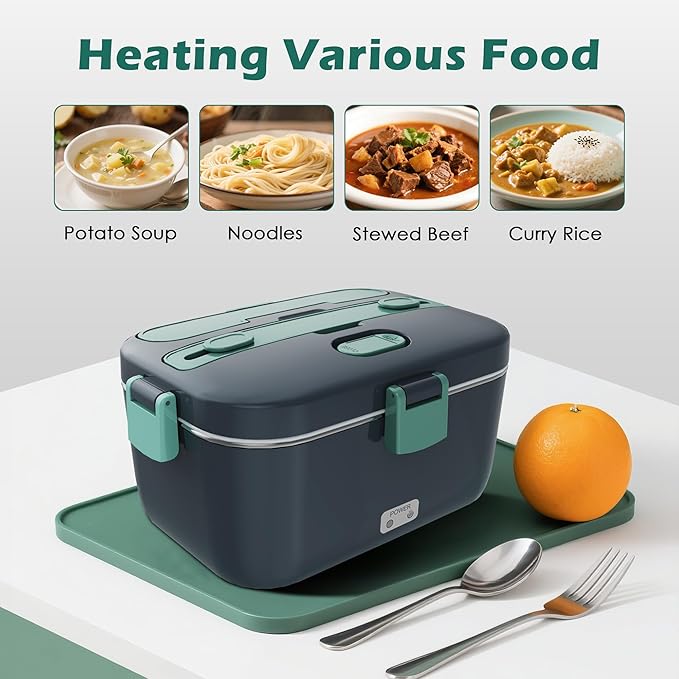 COZYEXPERT Electric-Lunch-Box-Heated-Food-Warmer 100W Heating Lunchbox for Adults 1.8L Portable Food Heater for Work/Car, 12V/24V/110-230V Lonchera Eléctrica Portátil with Fork Spoon (Gray+Green)