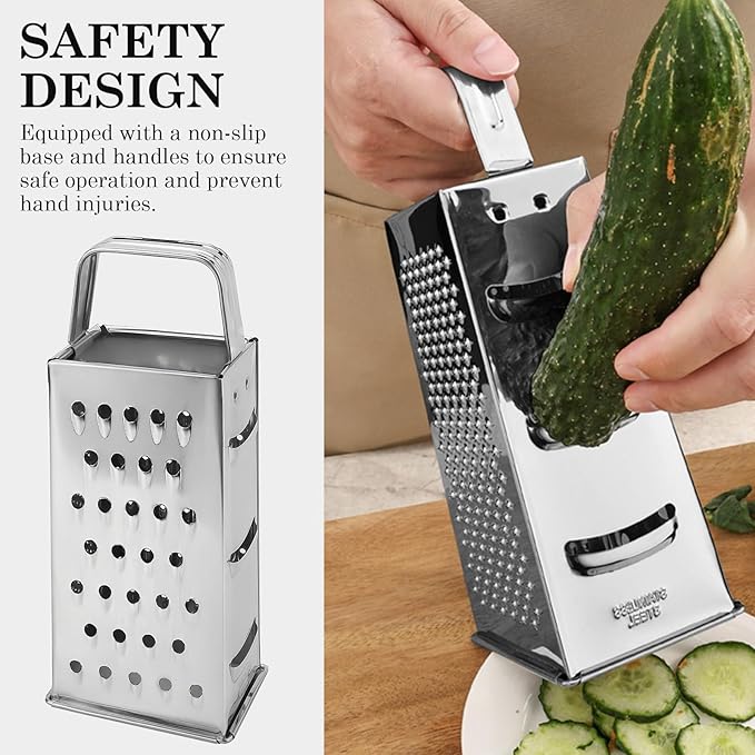 Stainless Steel Vegetable Grater, 4-Sided Portable Metal Grater, Cheese Grater with Handle for Kitchen (8inch)