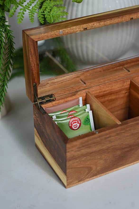 Acacia Wood and Bamboo Tea Bag Organizer - 4 & 8 Compartment Tea Box for Countertop - Tea Station & Coffee Bar Accessories - Fits Large & Craft Tea Bags (Wood, 4 Compartment)