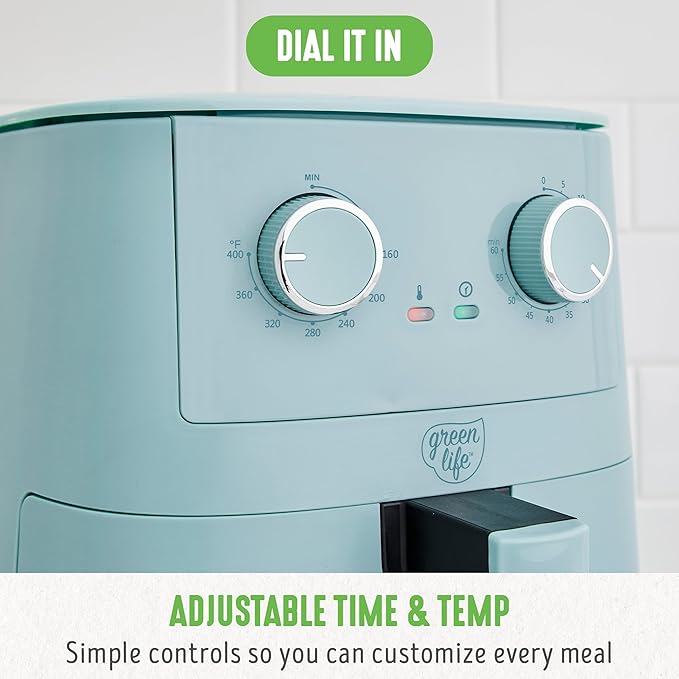 GreenLife 4.5QT Air Fryer, Mechanical Dial Controls, PFAS-Free Ceramic Nonstick Drawer, Adjustable Temp & Timer, LED Indicator, Oil-Less Cooking, Dishwasher Safe, Compact Family Size, Blue