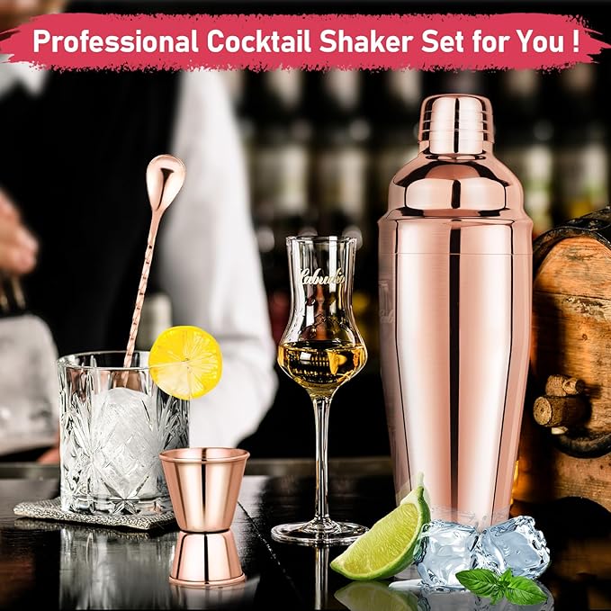 24oz Cocktail Shaker Set Martini Shaker Set Bartender Set with Margarita Mixer Drink Shaker, Measuring Jigger and Mixing Spoon - Professional 18/8 Stainless Steel Bar Tools (Rose Gold)