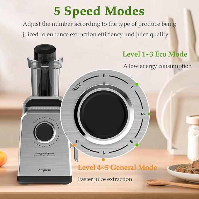 Anybear Masticating Juicer Machines, 3.5" Large Feed Chute Cold Press Juicer Fit Whole Fruits Vegetables with Quiet Motor | 5 Speed Modes | Easy to Clean with Brush | BPA Free (Silver & Black)