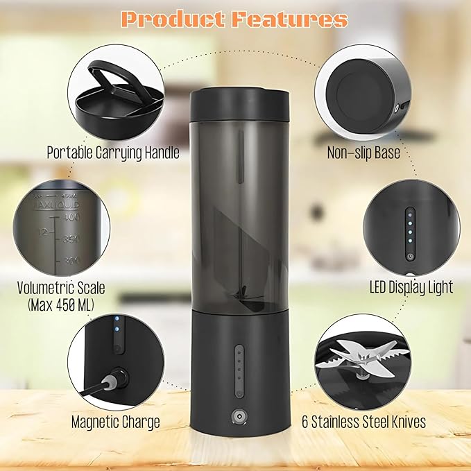 Portable Juicer Blender, USB Rechargeable Smoothie Maker with 6 Upgraded Blades and 4000mAh Battery, 450ml/15oz Capacity, Ideal for Smoothies, Protein Shakes, Travel and Office (Black)