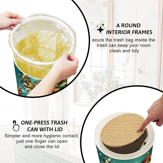 Trash Can with Lid Flower Fairy Stained Glass Art Ocean Serenity Press Top Round Small Garbage Bin with Wooden Legs Waste Basket for Kitchen Bedroom Nursery 7L/1.8 Gallon