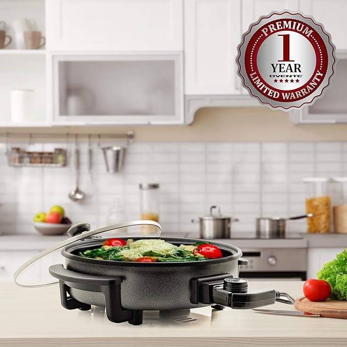 OVENTE 11.5-Inch Electric Skillet & Frying Pan, 1400W Nonstick Cooking Pan with Adjustable Temperature Control, Tempered Glass Lid with Steam Vent, Cool-Touch Handles, Easy-Clean Black SK11112B