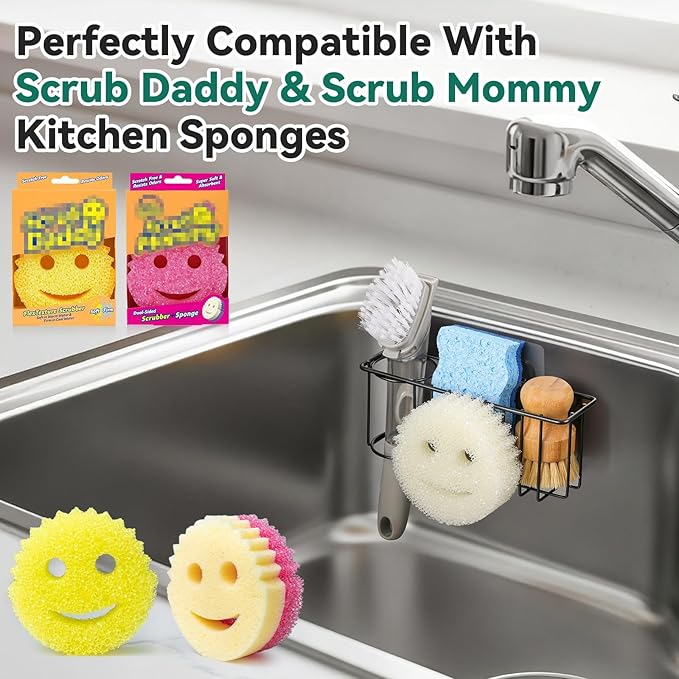 3-IN-1 Multiuse Sponge Holder for Kitchen Sink, Sponge Caddy for Scrub Daddy/Scrub Mommy Smiley Face, Sink Organizer Accessories for Dish Brush, Scrubber - with 2 Suction Cups & 1 Adhesive Hook