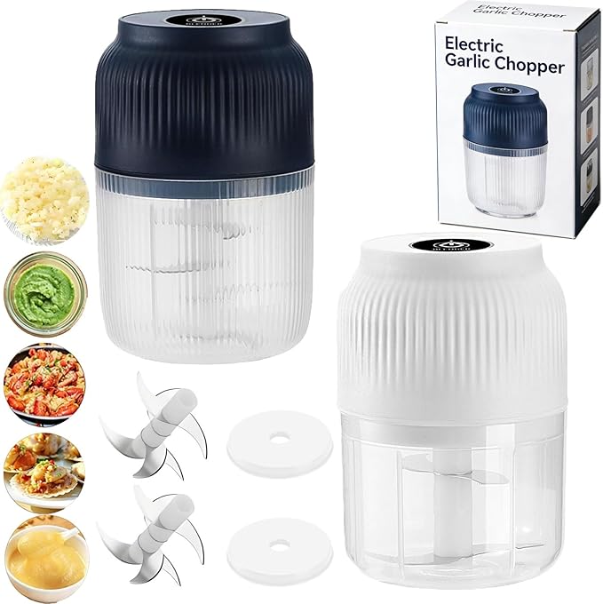 Electric Garlic Chopper, Mini Portable Veggie Cutter, Veggie Chopper with Container and Lid, Rechargeable Cordless Food Chopper for Garlic, Onion, Chili, Fruits Vegetables (Blue+White)
