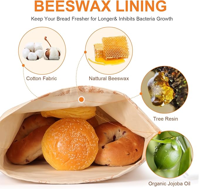 Sourdough bread Bags for Homemade Bread-2 Pack XL Reusable Beeswax Bread Bags for Homemade Bread Freezer & Refrigerator 17"×13" Natural Beeswax-Lined Organic Cotton Food Storage Bags to Keep Fresh