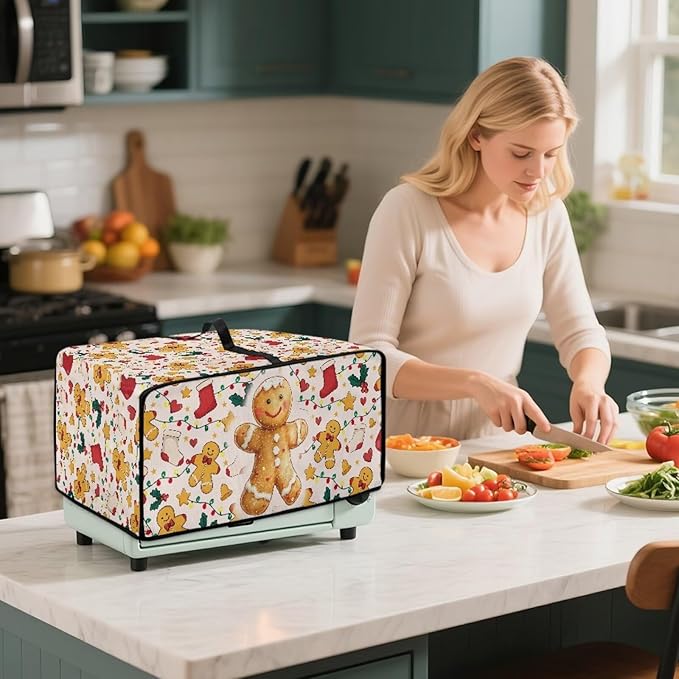Countertop Convection Oven Cover Dust-Proof Toaster Oven Cover with Accessories Pockets, Countertop Convection Oven Protector, L, Gingerbread Man Christmas String Lights