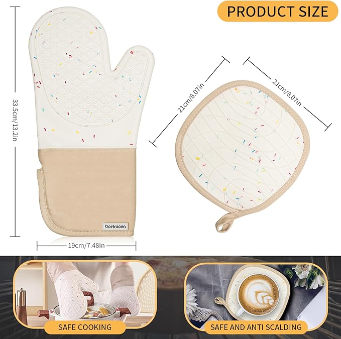 Oven Glove Cute,Cooking Mittens,Oven Mittens for Kitchen,Oven Gloves for Kitchen,Washable Silicone Oven Mitts Heat Resistant 500°F, Potholders for Kitchens Cooking Baking(Cream