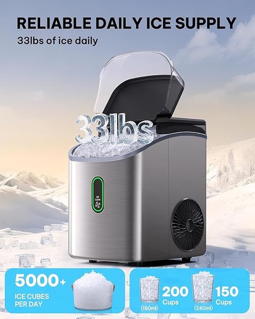 Silonn Nugget Ice Maker Countertop-Soft Chewable Pebble Ice Machine with One-Click Operation & Self-Cleaning Function, 33lbs Ice Per 24 Hours, Stainless Steel Design for Home, Kitchen & Bar