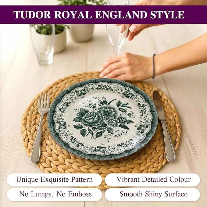 TUDOR ROYAL 12-Piece Porcelain Round Dinnerware Set, Service for 4, VICTORIA Green Design, Blue Floral, Plates Bowls Dishes, Premium Quality Tableware, Unique Pattern, Glossy