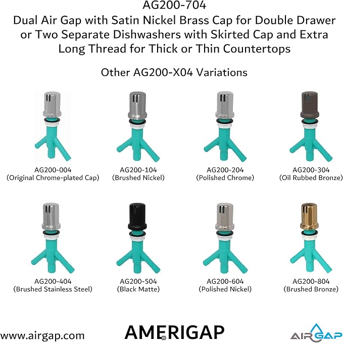Dual Air Gap with Satin Nickel Brass Cap for Double Drawer or Two Separate Dishwashers with Skirted Cap and Extra Long Thread for Thick or Thin Countertops (AG200-704, AG200-X04, AMERIGAP)