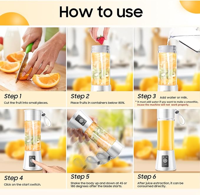 Cordless Portable Personal Size Blender - Mini Blender Make Smoothies and Shakes, 380Ml BPA Free Travel Cup, Powerful Blending Suit in Office/Home/Gym