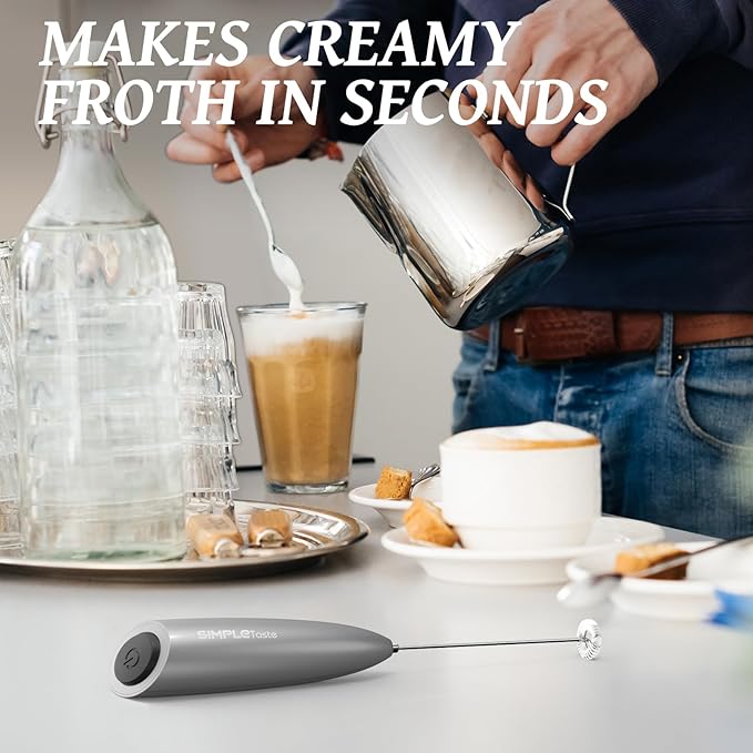 SIMPLETASTE Milk Frother Handheld Electric Foam Maker, Drink Mixer with Stainless Steel Whisk for Cappuccino, Bulletproof Coffee, Latte, Silver, without Stand, Battery Operated