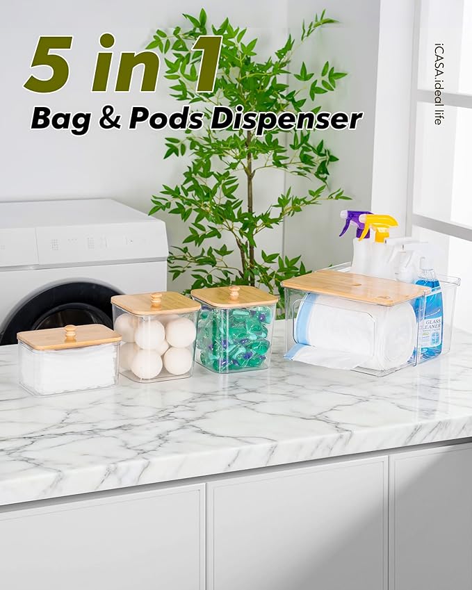 Trash Bag Dispenser Dryer Sheet Holder - 5 in 1 Plastic Garbage Bag Pantry Organizers and Storage, Clear Dishwasher Laundry Pods Container with Bamboo Lid, Under Sink Organizer Powder Detergent Jars
