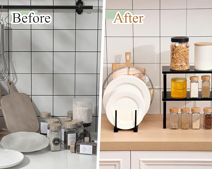 Marsui 4 Pcs Kitchen Organizer Accessories Set Cabinet Organizer Shelf and Bamboo Dish Drying Plate Rack Counter Shelves Storage Holder for Spice Rack, Dish, Pot Lid, Bowl, Cup (Black)