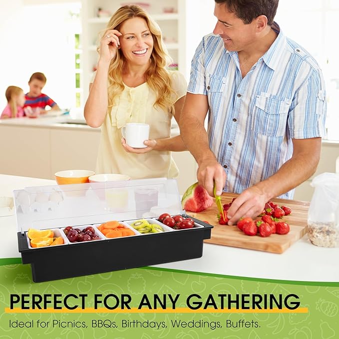 Fruit, Veggie & Condiment Caddy with Lid, 5 Removable Compartments, Ice-Cooled Garnish Tray for Bartenders, Pizza Topping Organizer, Taco Bar Cooler, Portable Condiment Serving Tray