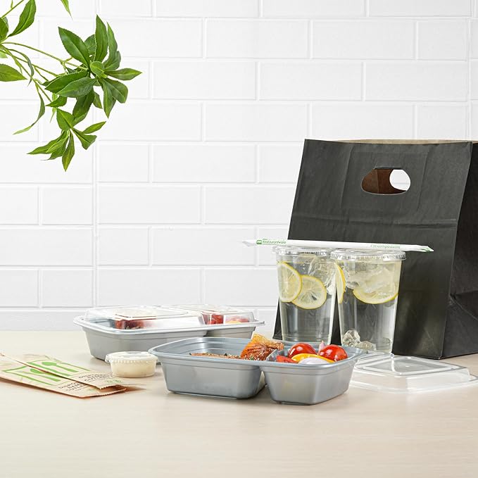 Restaurantware-Asporto 26 Ounce Compartment Take Out Boxes, 100 Microwavable Meal Prep Containers - 2 Compartments, With Clear Plastic Lids, Silver Plastic Food Containers, Do Not Contain BPA