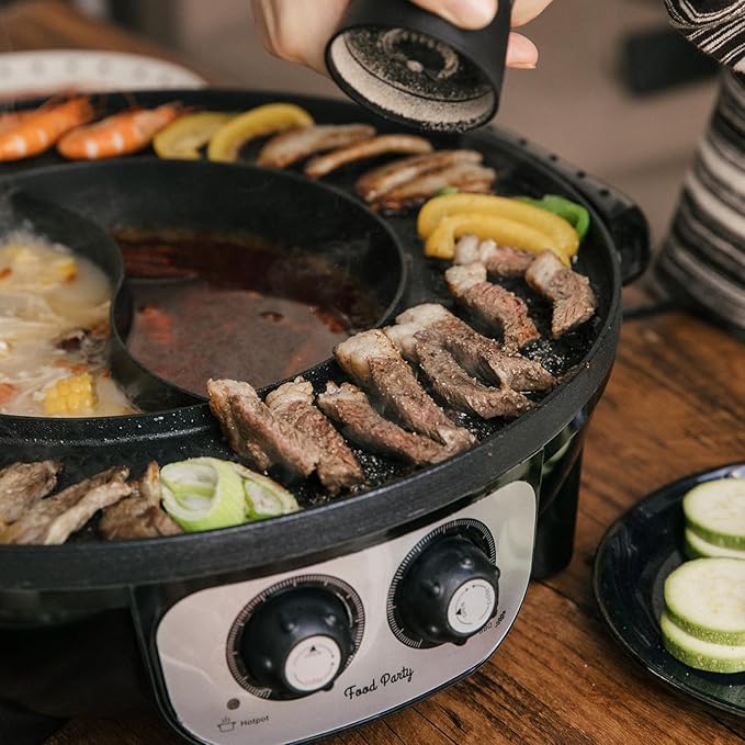 Food Party Hot Pot with Grill 2 in 1 Electric Smokeless Grill and Hotpot Pot Combo Korean BBQ Grill 110V 1700W