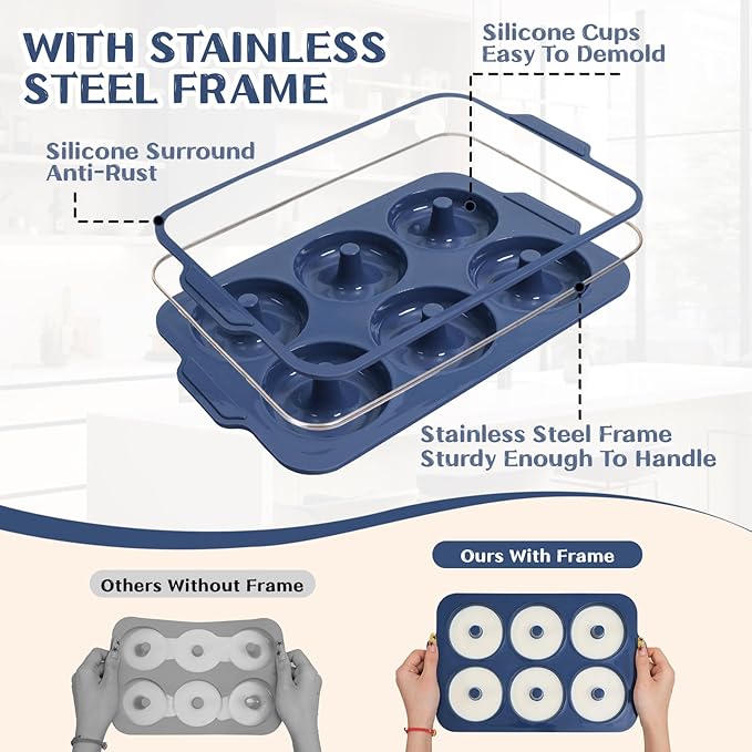 Nonstick Silicone Donut Pan: 4 Inch Doughnut Pan with Metal Frame - Silicone Donut Molds for Baking Gluten Free Glazed Vegan Protein Donuts Bagel - for Oven Kitchen - Home Bakers Housewife