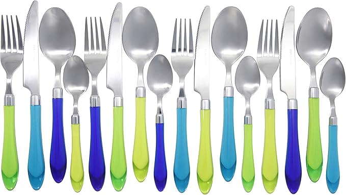 The Original Brink House Sea Blue Green Mix & Match Stainless Steel Cutlery Set with Translucent Handles / 16 pieces with Metal Stand/Lifestyle utensils set for home, apartment, dorm, outdoor events