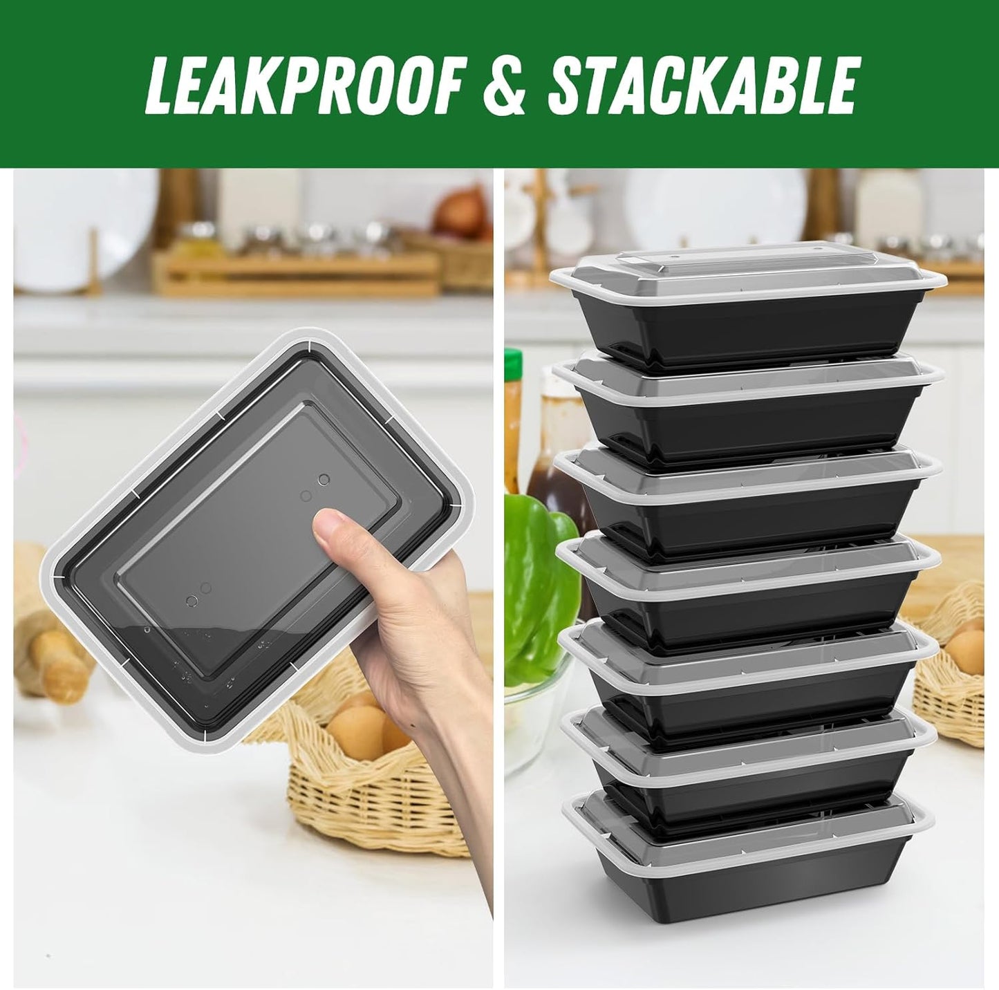 50 Pack (100-Piece) 38 oz Meal Prep Containers Reusable with Lids, Sturdy Leakproof & Food Safe, Microwave, Freezer, Dishwasher Safe Prep Containers, To Go Take Out Plastic Food Storage