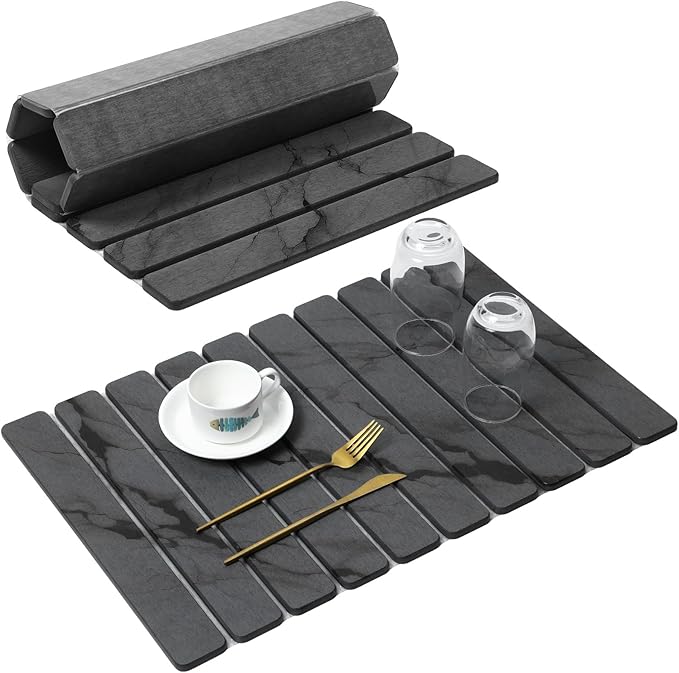 Large Stone Dish Drying Mat for Kitchen Counter, Quick Dry Stone Dishes Mats, Foldable Water Absorbing Diatomaceous Drying Pad for Countertop Bottles Utensils Cups Bathroom (Dark Gray 24"x16")