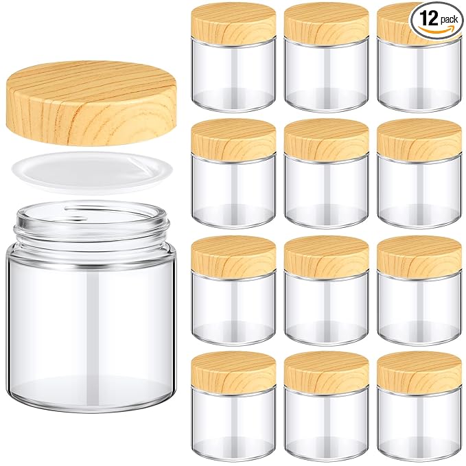 Norme 12 Pcs 4oz Glass Jars with Lids Empty Small Glass Containers and Inner Liners Reusable Cosmetic Jars Round Airtight Bottles with Plastic Wood Grain Lids for Travel