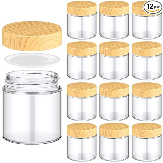 Norme 12 Pcs 4oz Glass Jars with Lids Empty Small Glass Containers and Inner Liners Reusable Cosmetic Jars Round Airtight Bottles with Plastic Wood Grain Lids for Travel