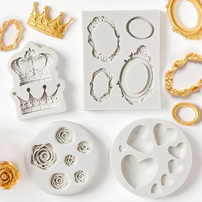 JOERSH 4PCS Vintage Baroque Mold Set, Silicone Frame Fondant Molds Royal Crown Rose Heart Mold for Cupcake Decorating, Cake Pop, Chocolate, Candy Craft, Dessert Decor