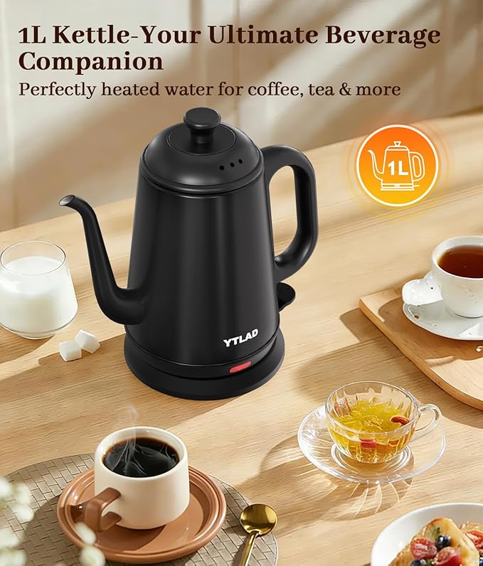 Gooseneck Electric Kettle 1L, 1000W Fast Boiling for Pour-Over Coffee & Tea, 304 Stainless Steel BPA-Free, Precise Flow Spout, Auto Shut-Off & Boil-Dry Protection, Retro Style (Black)