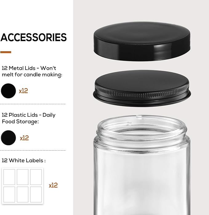 12 Pack, 8 OZ Clear Candle Jars For Making Candle, Thick Glass Jars with 12 Metal & 12 Plastic Lids - Empty Round Food Storage Containers, Canning Jar For Spice, Powder, Liquid, Sample - Food Grade