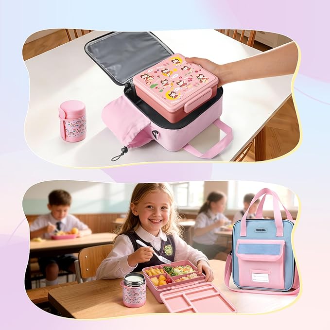 REDSHELL Bento Lunch Box for Kids Set, Leakproof Food Jar Pail with Insulated Bag, Toddler Snack Container Lunchbag for Girls Daycare, Back to School Lunchbox Kit, Includes Bottle Holder Strap, Pink