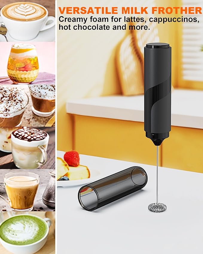 Handheld Milk Frother with Cover, Battery Powered Electric Drink Mixer (2AA Not Included) - Portable Hand Frother Wand for Coffee Matcha Cappuccino & Hot Chocolate