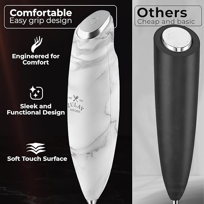 Zulay Kitchen Patented Tornado Triple Whisk Milk Frother with 4 Duracell Batteries – Handheld Foam Maker for Coffee, Lattes, Matcha & Hot Chocolate – Rich, Creamy Froth in Seconds - Marble