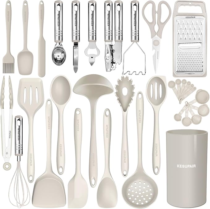 Kitchen Utensils Set - 446°F Heat Resistant Silicone Cooking Utensils Set-Kitchen Tools and Gadgets for Cooking Nonstick Cookware with Tongs,Turner,Spatula,Spoon,Brush,Peeler,Grater,Scissors (Khaki)