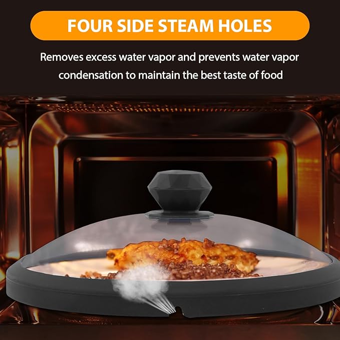 Microwave Glass Cover Splatter Guard Lid with Anti-scald Silicone Handles and Vented Edge for Food Pot Plate Cover 10.5 inch Diameter Black Height 3.35 inches