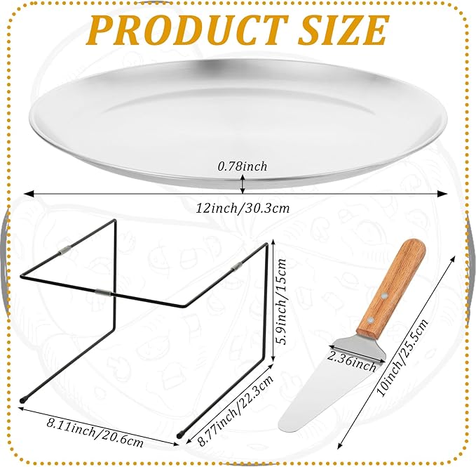 12 Pcs Pizza Pan Riser Stands Sets Includes 4 Metal Pizza Table Stands 4 Pizza Pan(11.8in) and 4 Wood Handle Pie Server, Pizza Rack Stand Pizza Tray for Pizza Dessert Cheese (Silver)