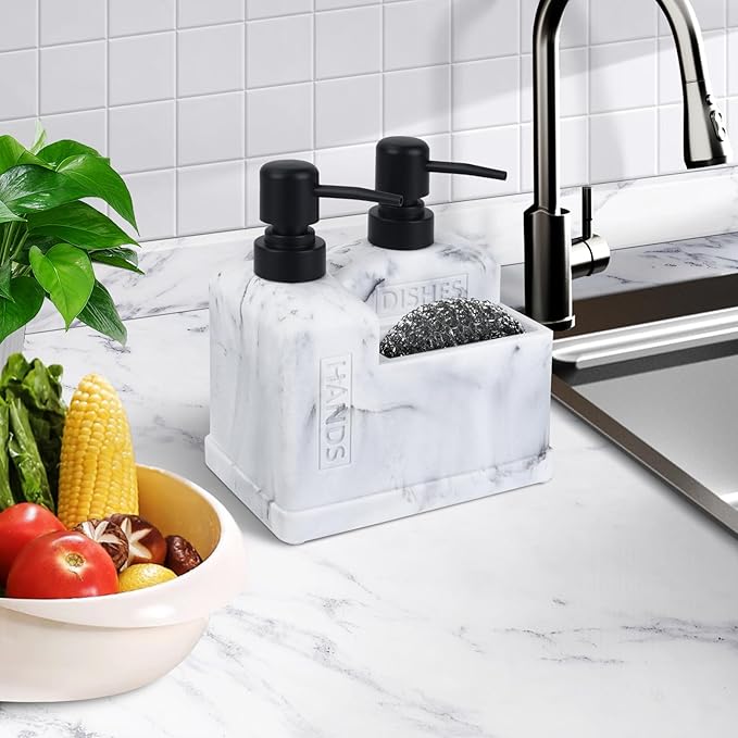 Kitchen Hand Soap and Dish Soap Dispenser Set,Dual Soap Dispenser with Sponge Holder 3-in-1 Organizer for Kitchen Sink,Bathroom,Useful Kitchen Gadgets - White Marble Look